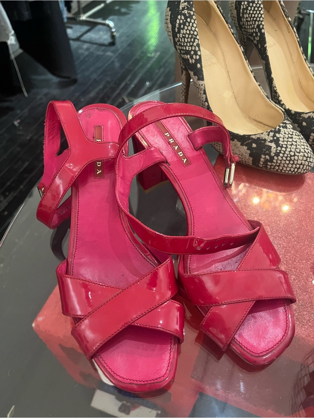 Prada Hot Pink Patent Leather Cross-Strap Slingback Heels